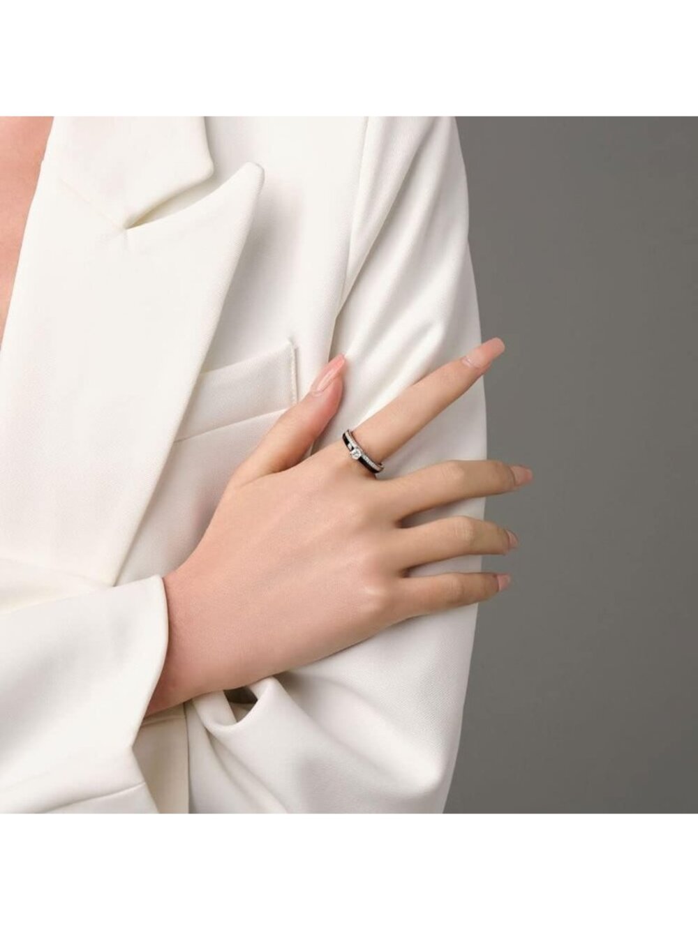 Stylish 6mm White & Black Ceramic Engagement Wedding Band with Zirconia, Sizes - Picture 2 of 6